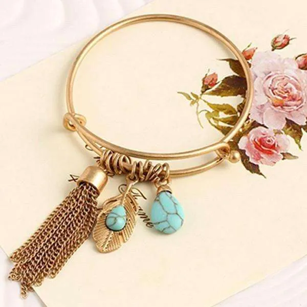 Vintage Turquoise Tassel Bangle 14K Gold Plated