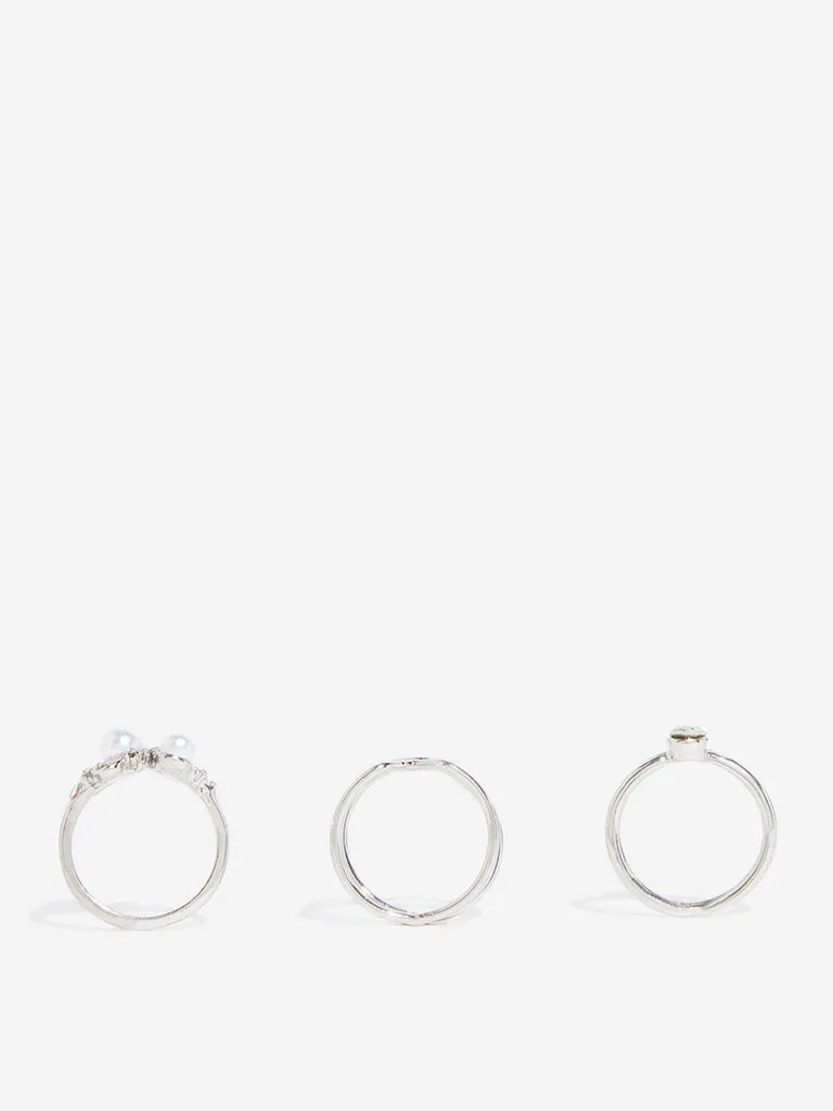 Westside Accessories Silver Pearls & Stone Embellished Rings - Set of 3