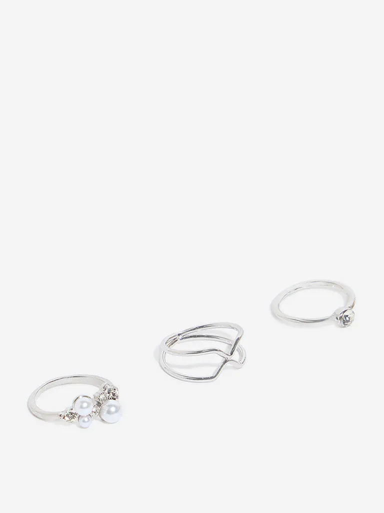Westside Accessories Silver Pearls & Stone Embellished Rings - Set of 3