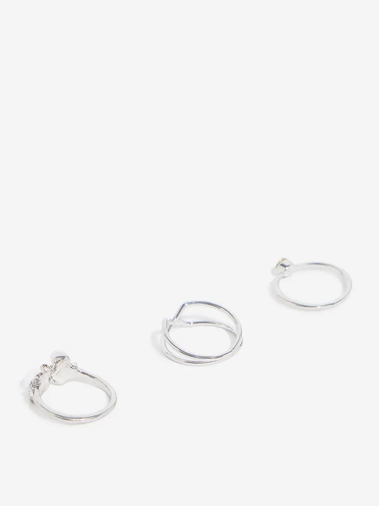 Westside Accessories Silver Pearls & Stone Embellished Rings - Set of 3
