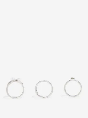 Westside Accessories Silver Pearls & Stone Embellished Rings - Set of 3
