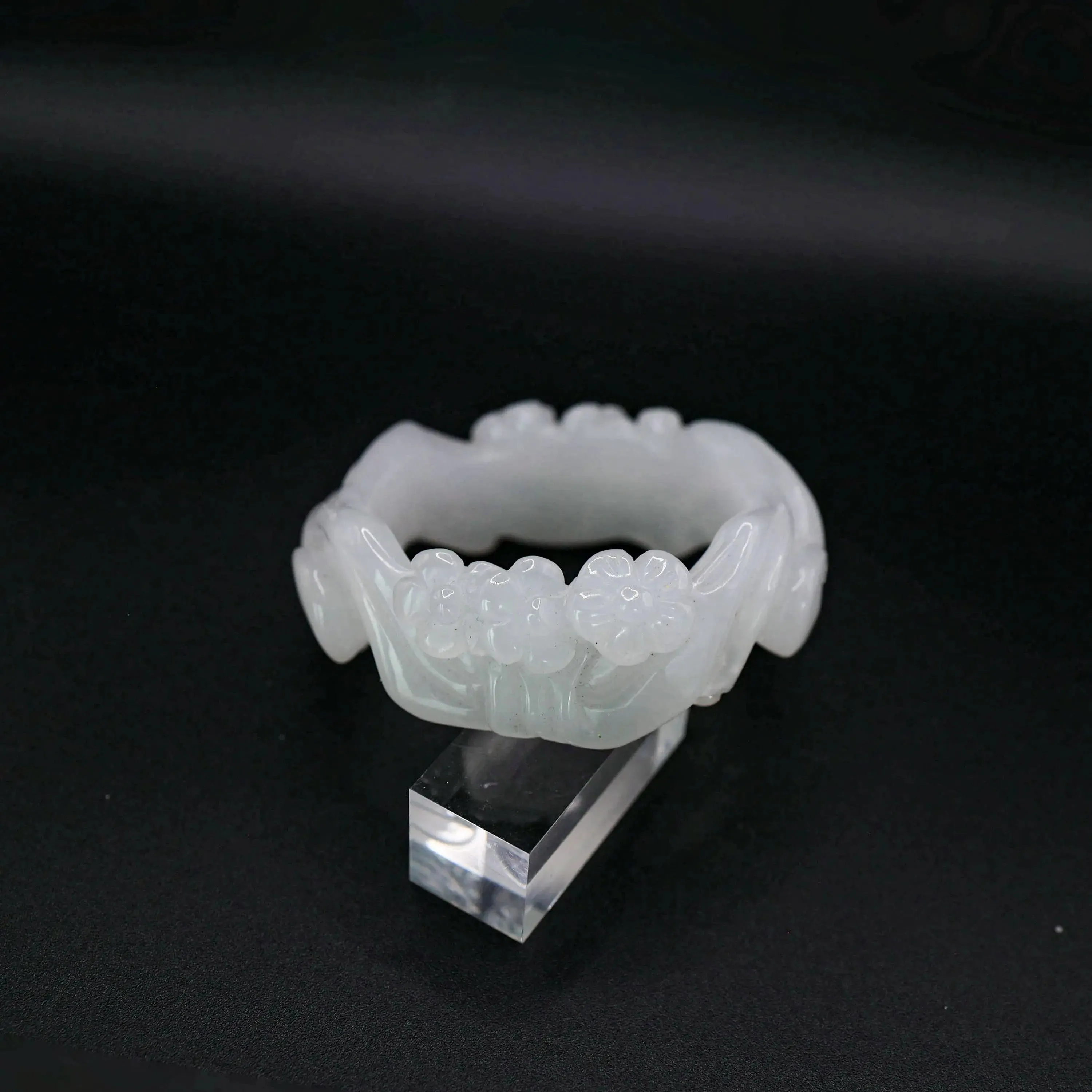 White Jade Bangle – Plum Blossom Carving in Mongolian Jade Stone