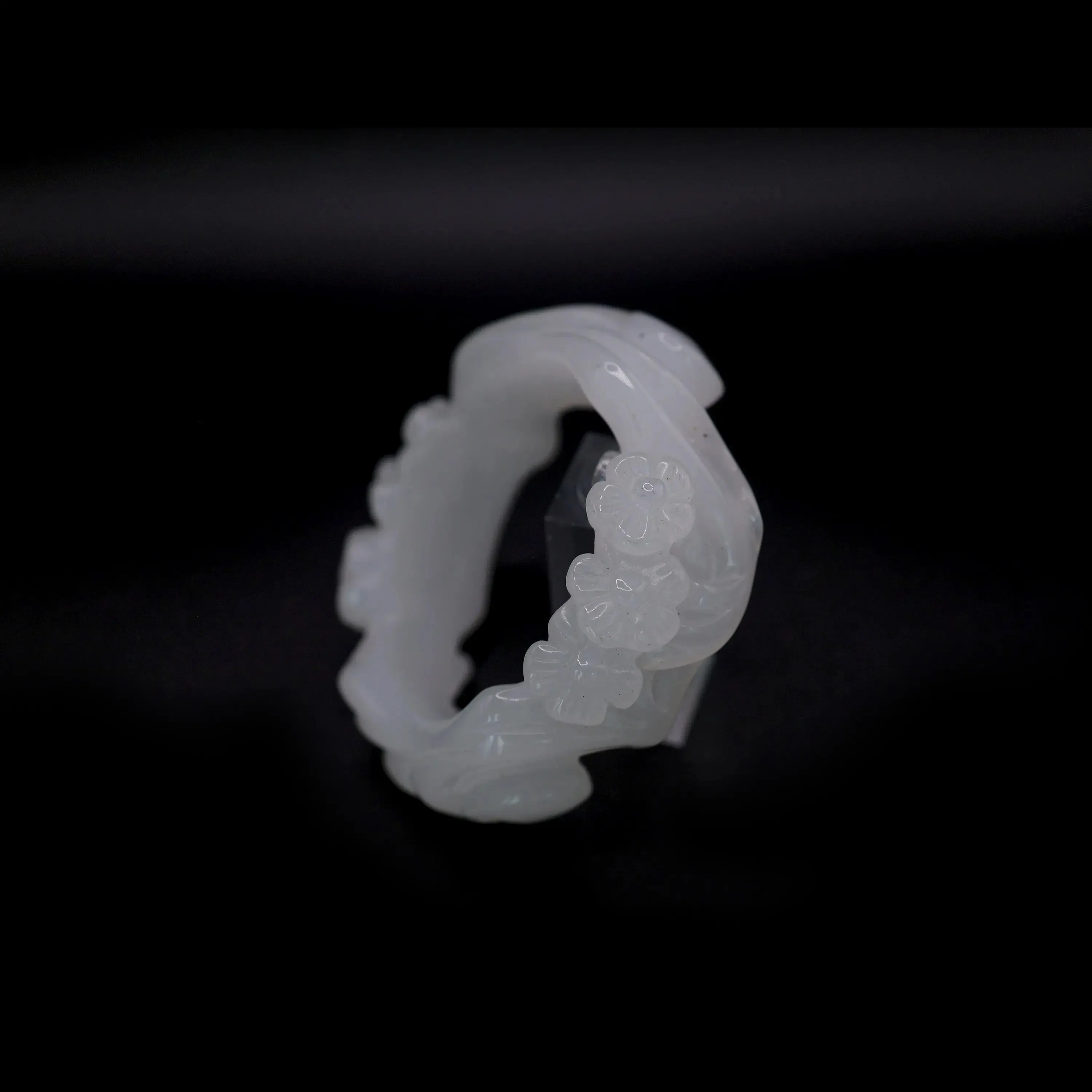 White Jade Bangle – Plum Blossom Carving in Mongolian Jade Stone