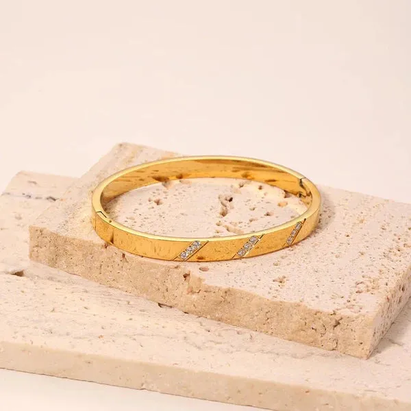 White Zircon Line Gold Stainless Steel Bangle – Elegant Luxury Bracelet for Women