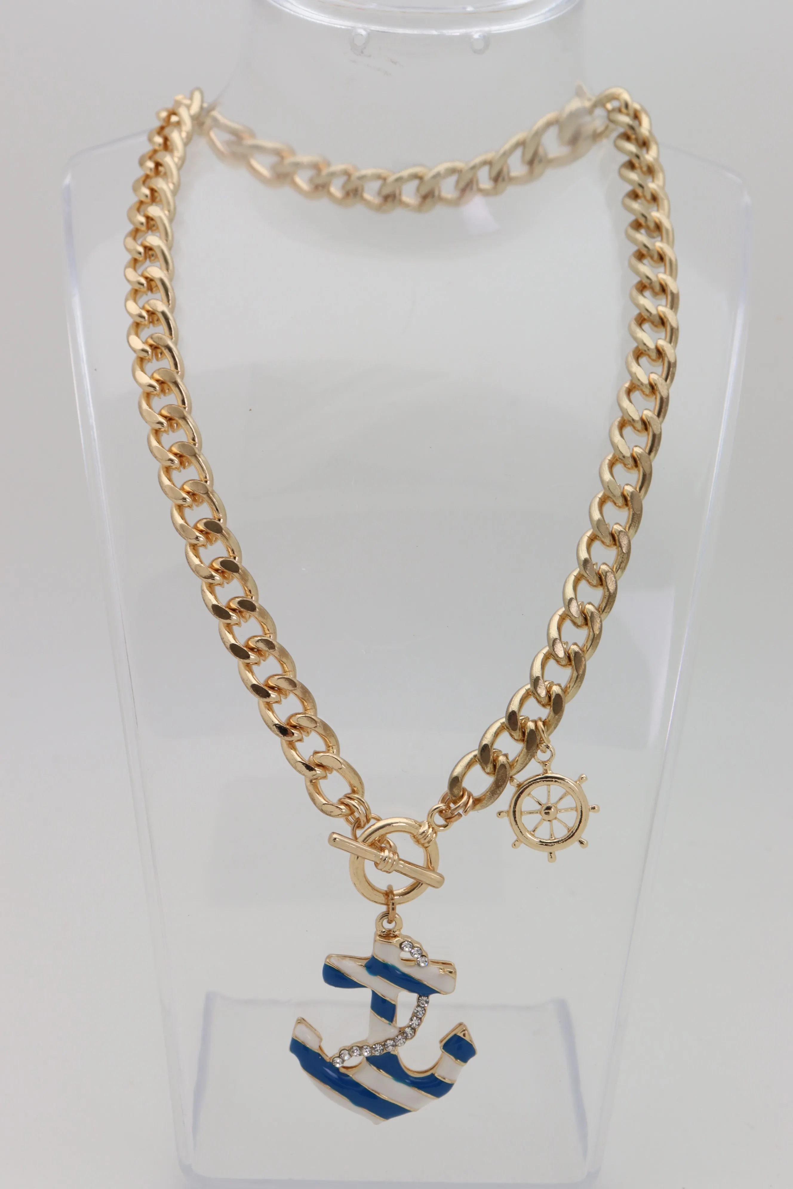 Women Gold Metal Chain White Blue Stripes Anchor Charm Nautical Ship Necklace
