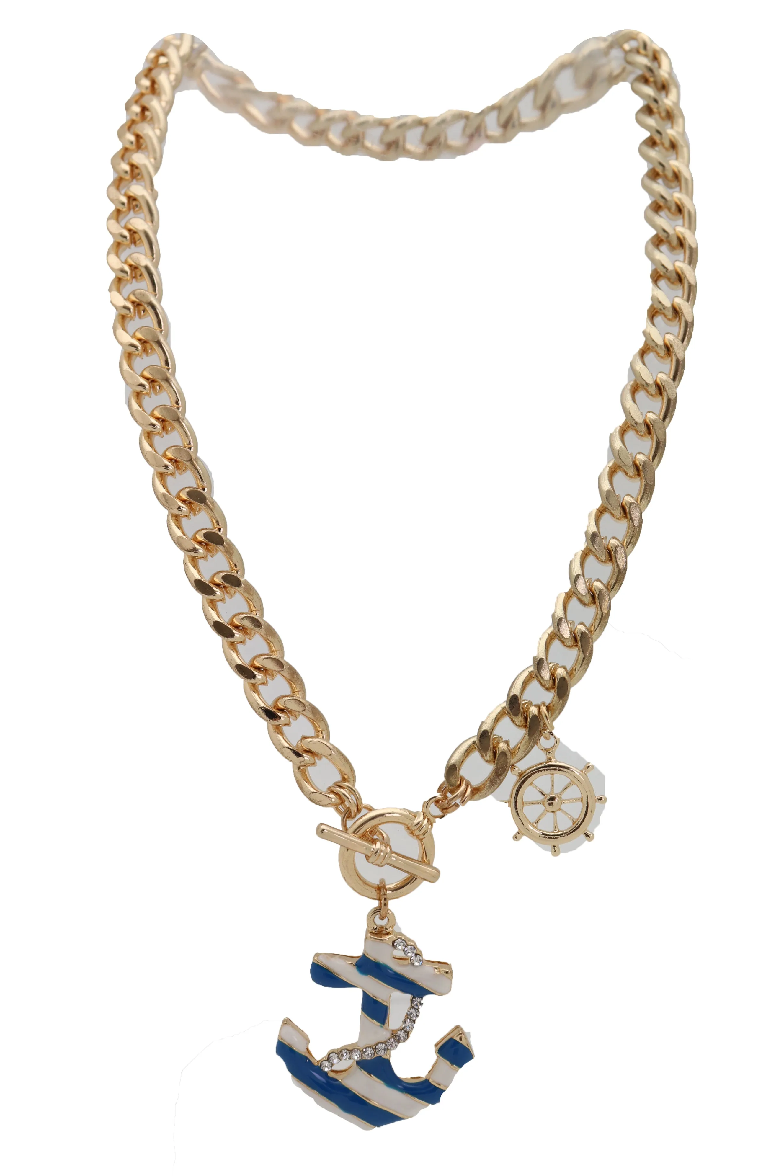 Women Gold Metal Chain White Blue Stripes Anchor Charm Nautical Ship Necklace