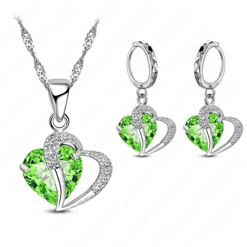 Women Heart Design Sterling Silver Cubic Zircon Necklace Pendant Earrings Sets