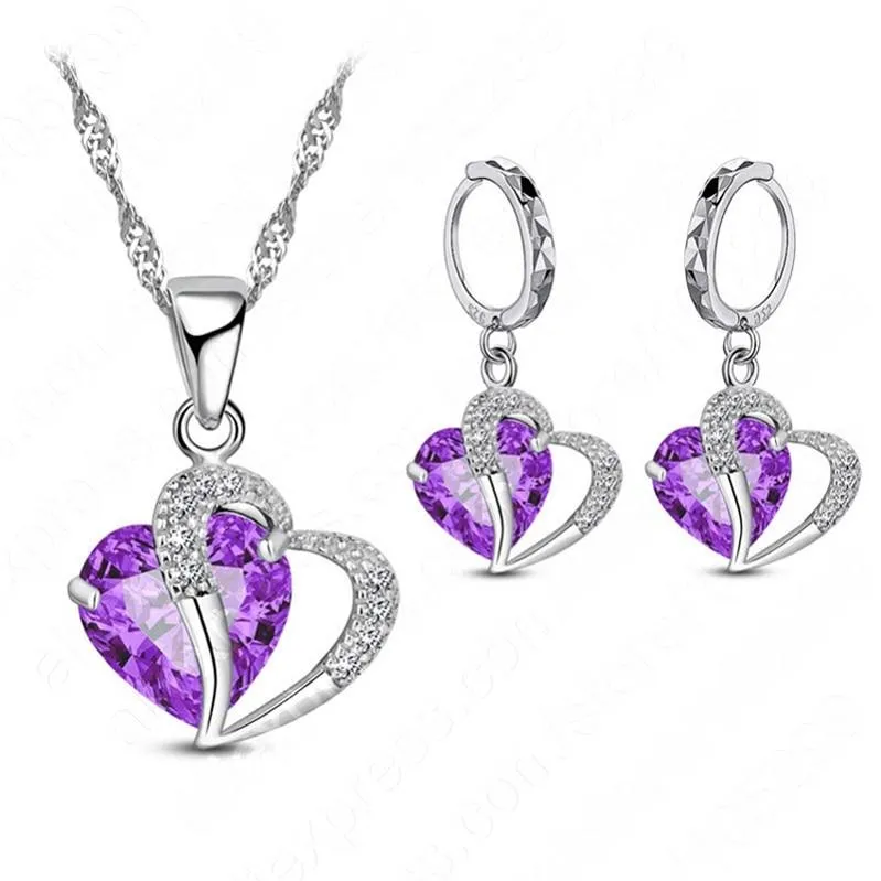 Women Heart Design Sterling Silver Cubic Zircon Necklace Pendant Earrings Sets