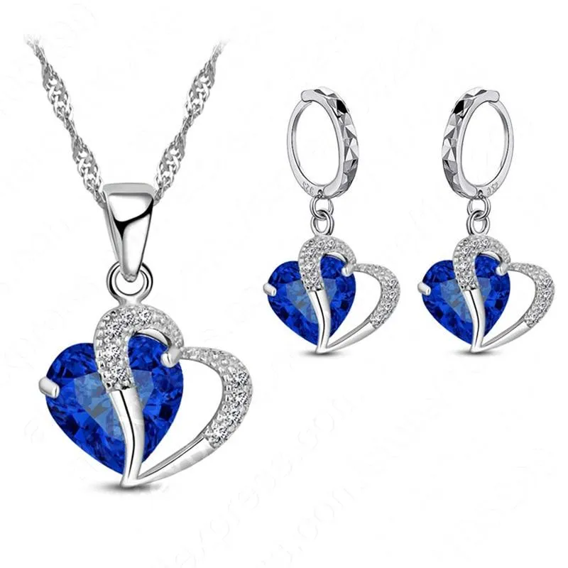 Women Heart Design Sterling Silver Cubic Zircon Necklace Pendant Earrings Sets