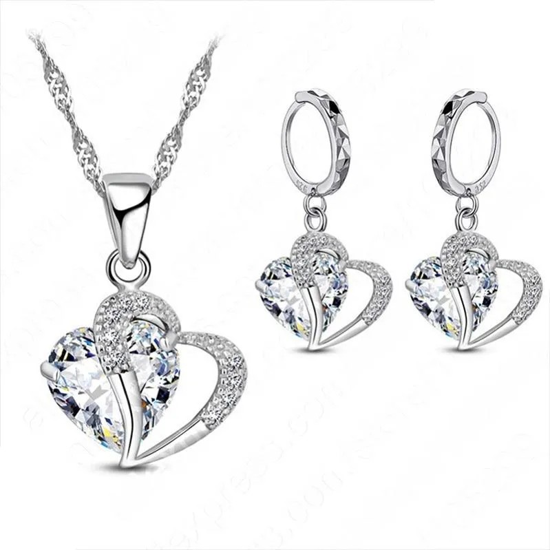 Women Heart Design Sterling Silver Cubic Zircon Necklace Pendant Earrings Sets