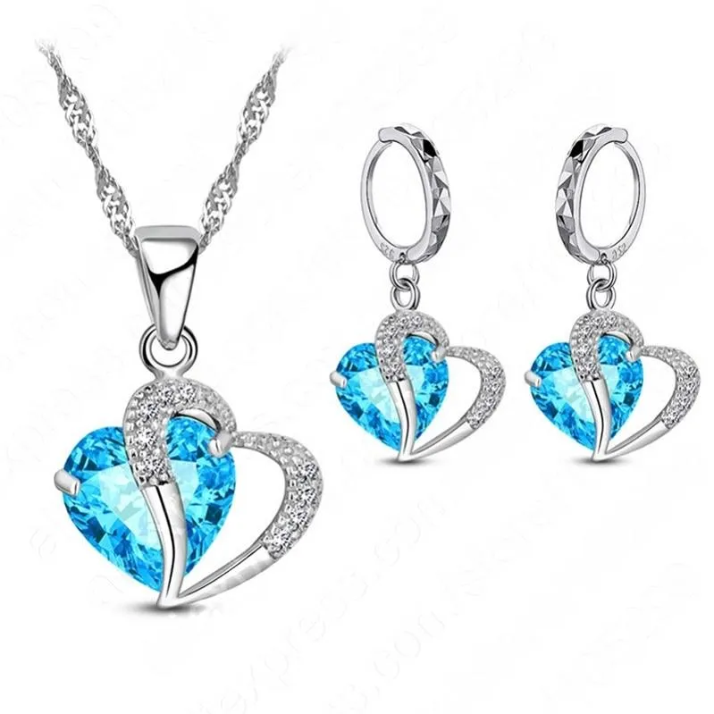 Women Heart Design Sterling Silver Cubic Zircon Necklace Pendant Earrings Sets
