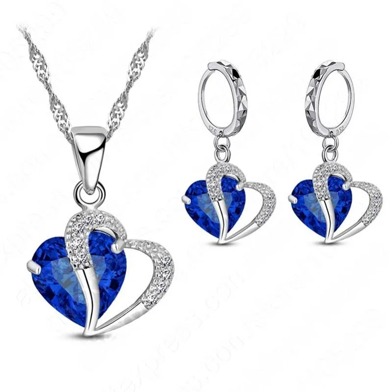 Women Heart Design Sterling Silver Cubic Zircon Necklace Pendant Earrings Sets