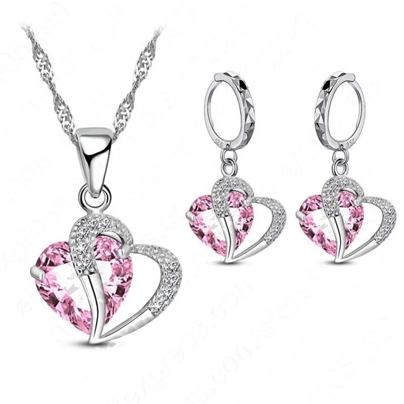 Women Heart Design Sterling Silver Cubic Zircon Necklace Pendant Earrings Sets