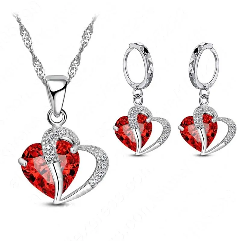 Women Heart Design Sterling Silver Cubic Zircon Necklace Pendant Earrings Sets