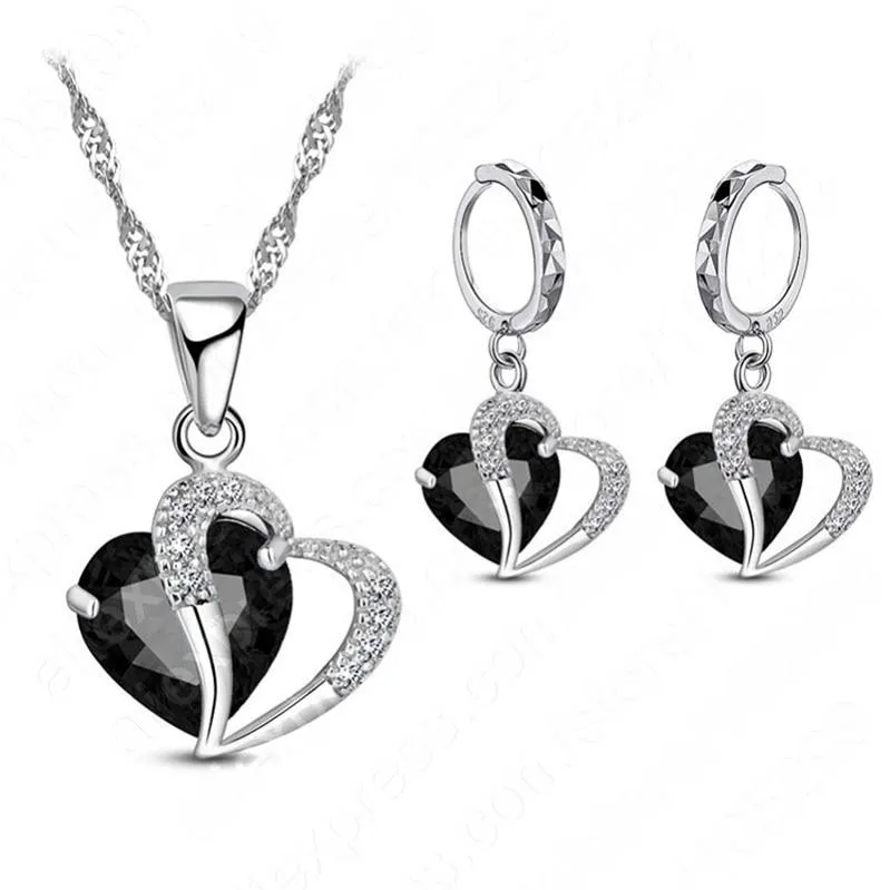 Women Heart Design Sterling Silver Cubic Zircon Necklace Pendant Earrings Sets