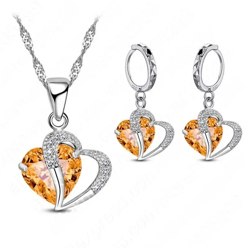 Women Heart Design Sterling Silver Cubic Zircon Necklace Pendant Earrings Sets