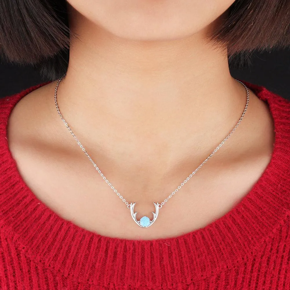 Women’s 925 Sterling Silver Necklace & Deer Head Design Pendant with Blue Opal, Trendy Party Jewelry