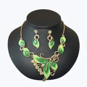 Womens Gold & Green Flower Necklace Earring Set