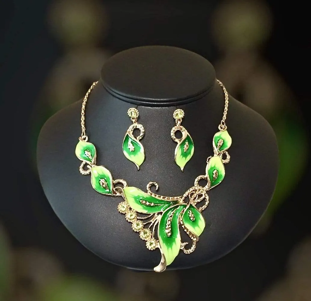 Womens Gold & Green Flower Necklace Earring Set