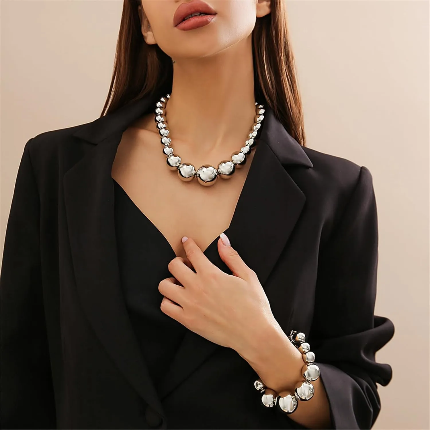 YBMYCM Gold Beaded Choker Necklace and Bracelet Set Chunky Jewelry Set Gold Chain Pendant Necklace for Women