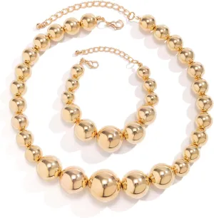 YBMYCM Gold Beaded Choker Necklace and Bracelet Set Chunky Jewelry Set Gold Chain Pendant Necklace for Women