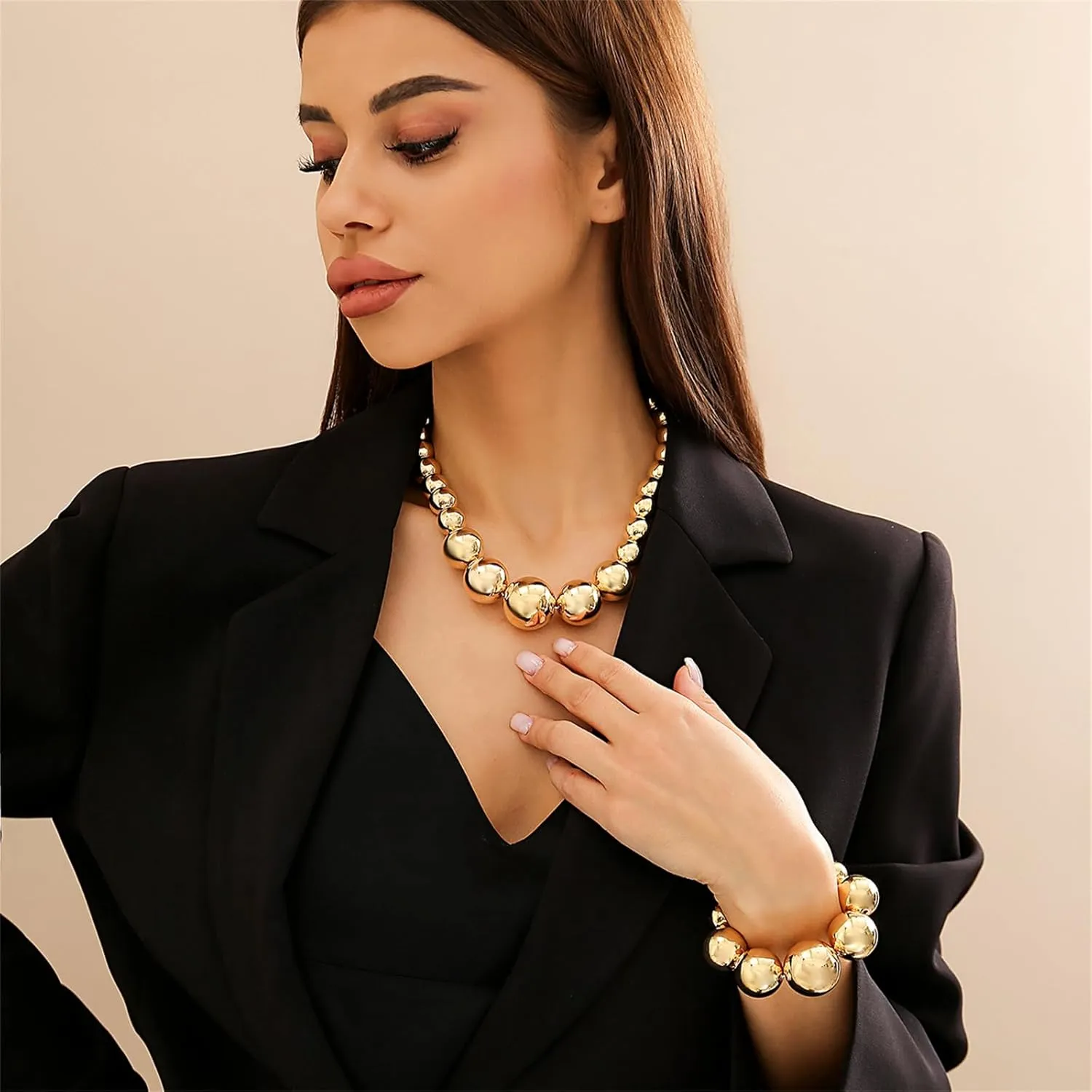 YBMYCM Gold Beaded Choker Necklace and Bracelet Set Chunky Jewelry Set Gold Chain Pendant Necklace for Women