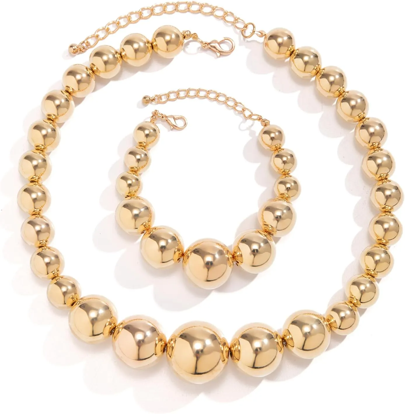 YBMYCM Gold Beaded Choker Necklace and Bracelet Set Chunky Jewelry Set Gold Chain Pendant Necklace for Women