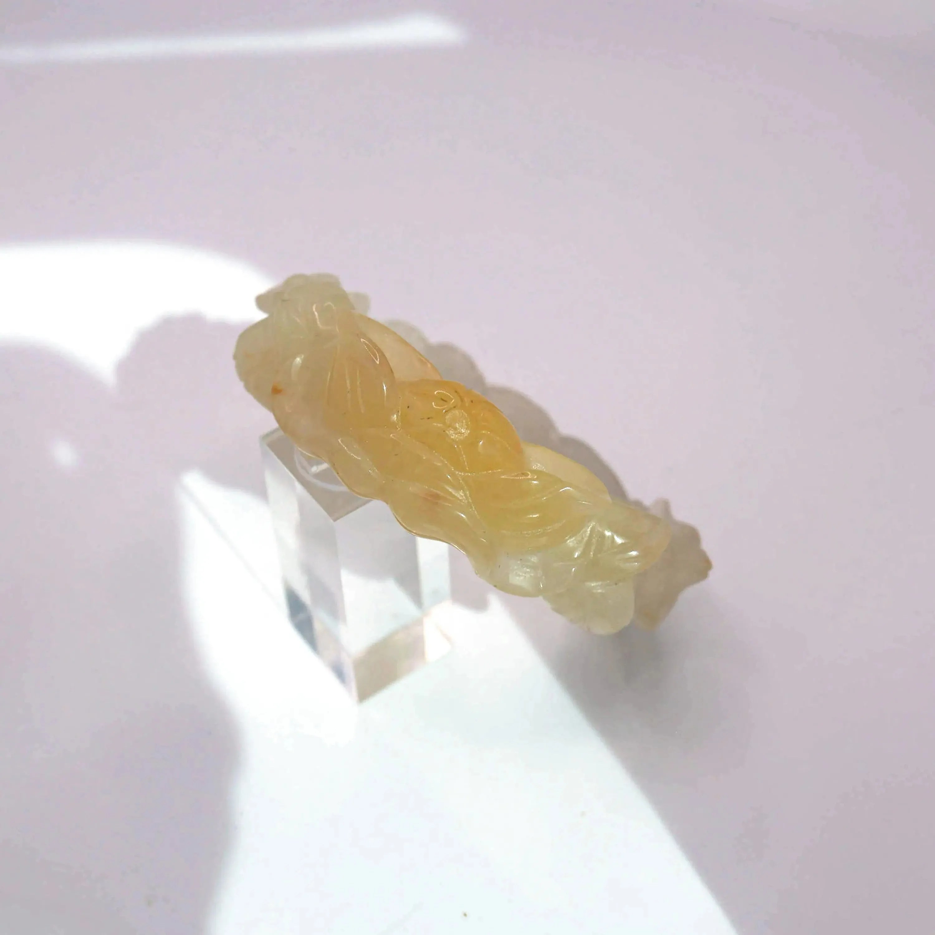 Yellow Jade Bangle – Carved Peony and Plum Blossom in Mongolian Stone