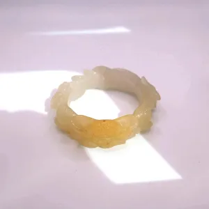 Yellow Jade Bangle – Carved Peony and Plum Blossom in Mongolian Stone