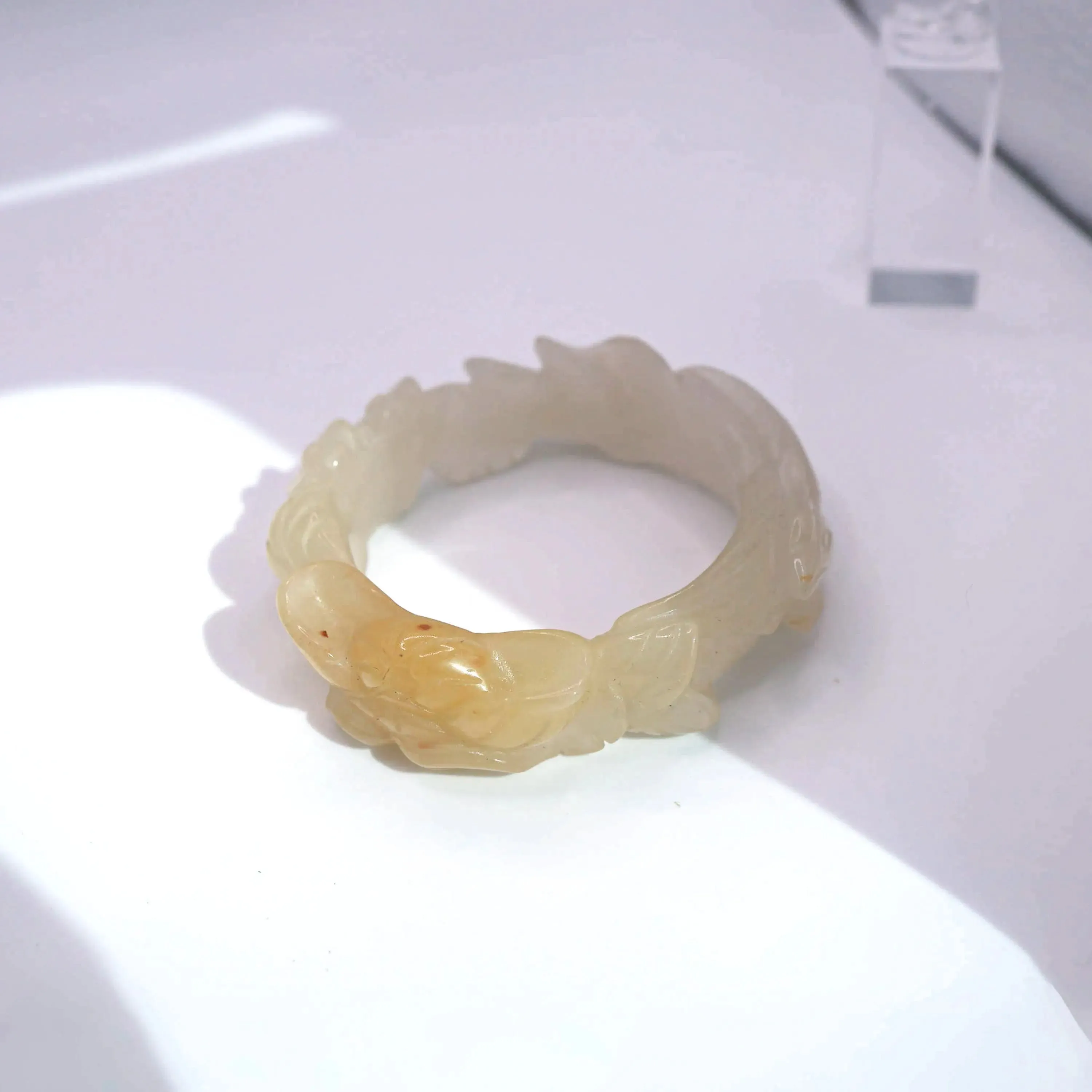 Yellow Jade Bangle – Carved Peony and Plum Blossom in Mongolian Stone