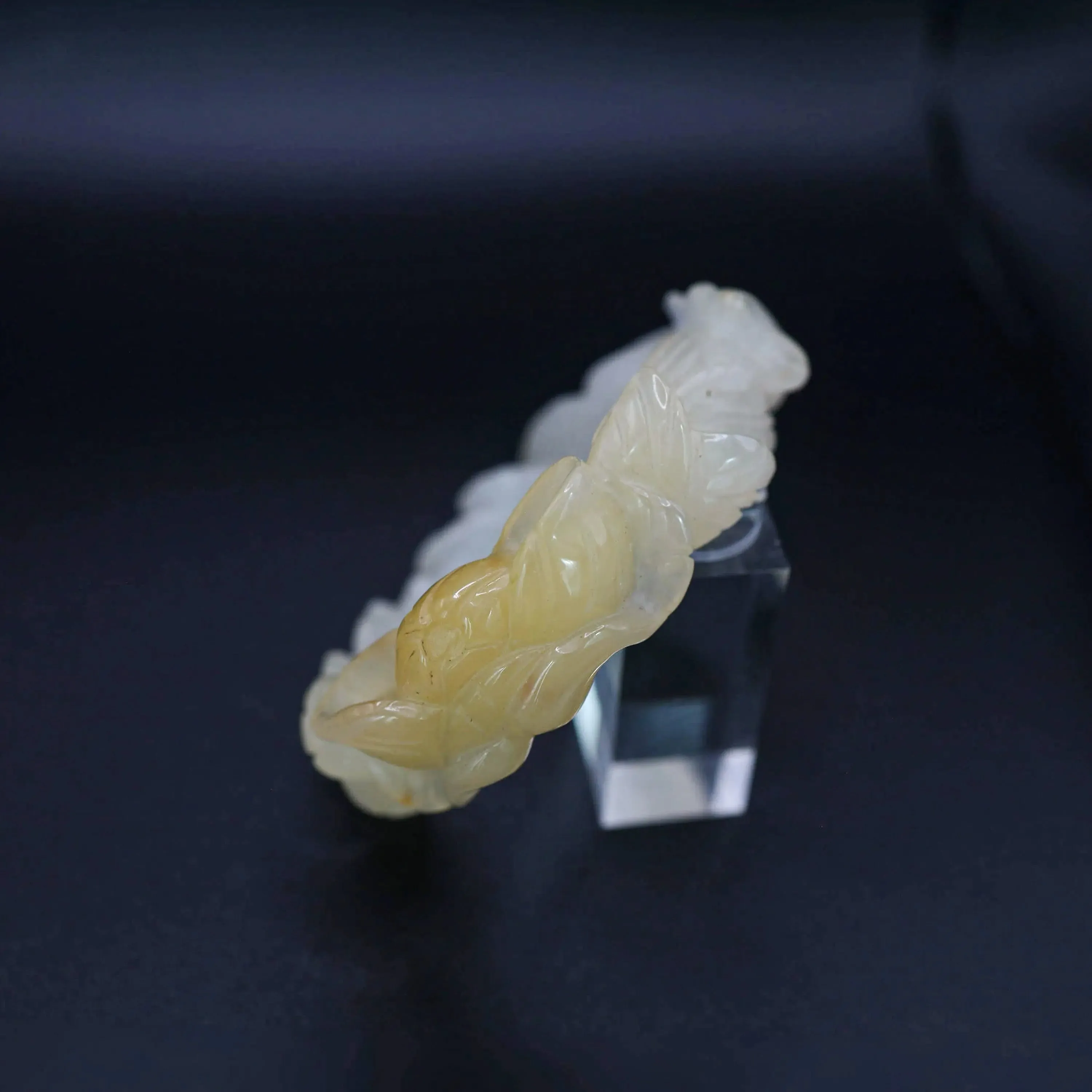 Yellow Jade Bangle – Carved Peony and Plum Blossom in Mongolian Stone