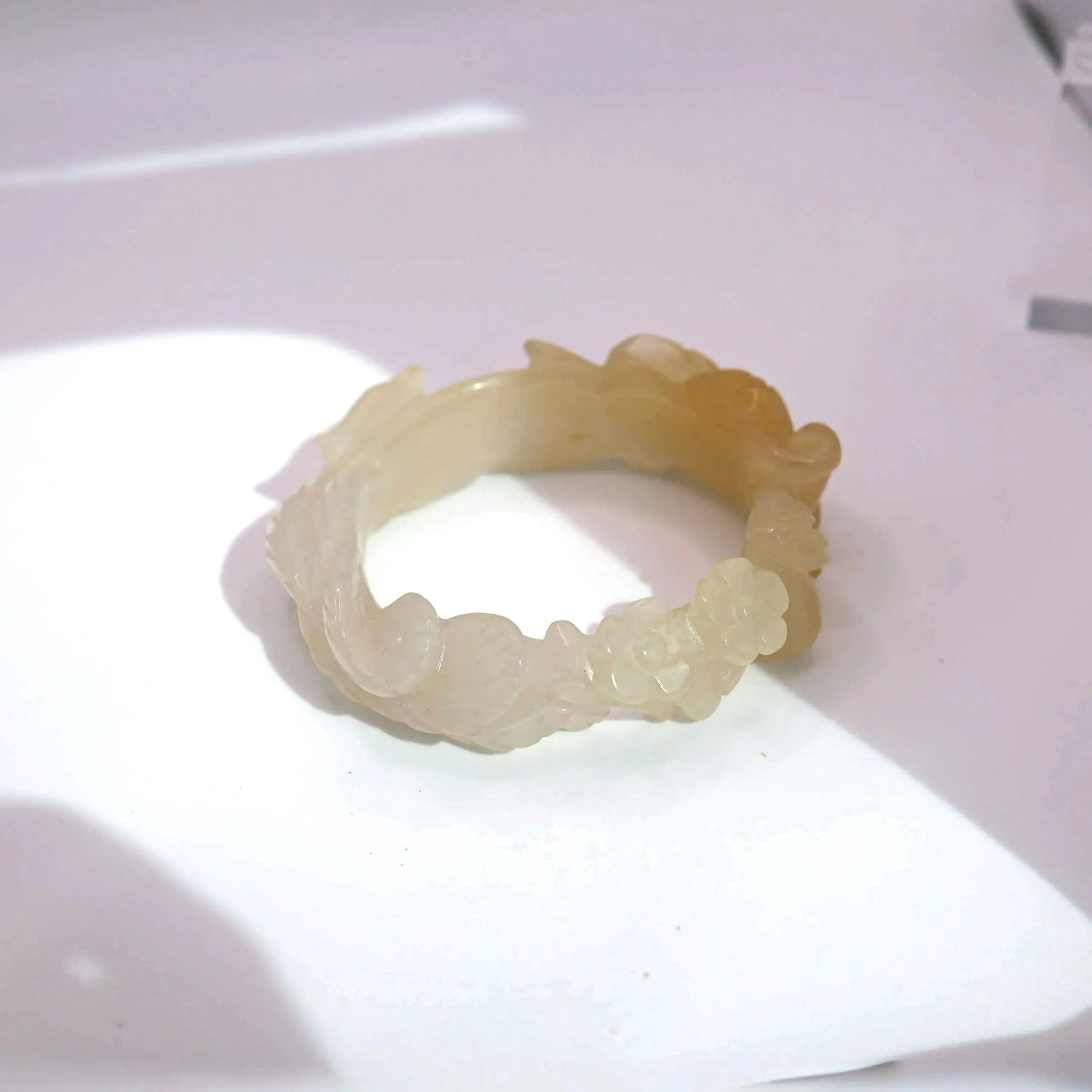 Yellow Jade Bangle – Carved Peony and Plum Blossom in Mongolian Stone