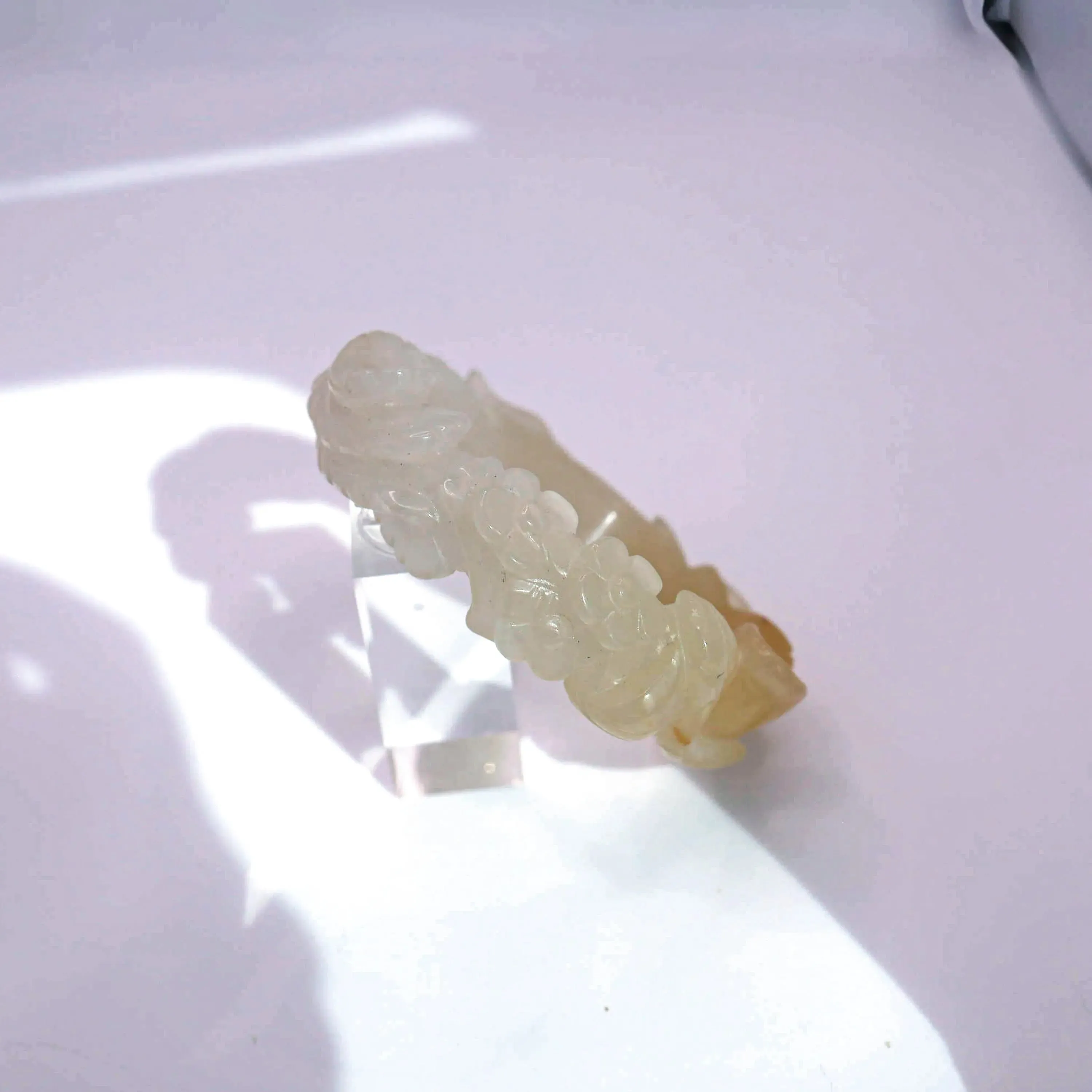 Yellow Jade Bangle – Carved Peony and Plum Blossom in Mongolian Stone