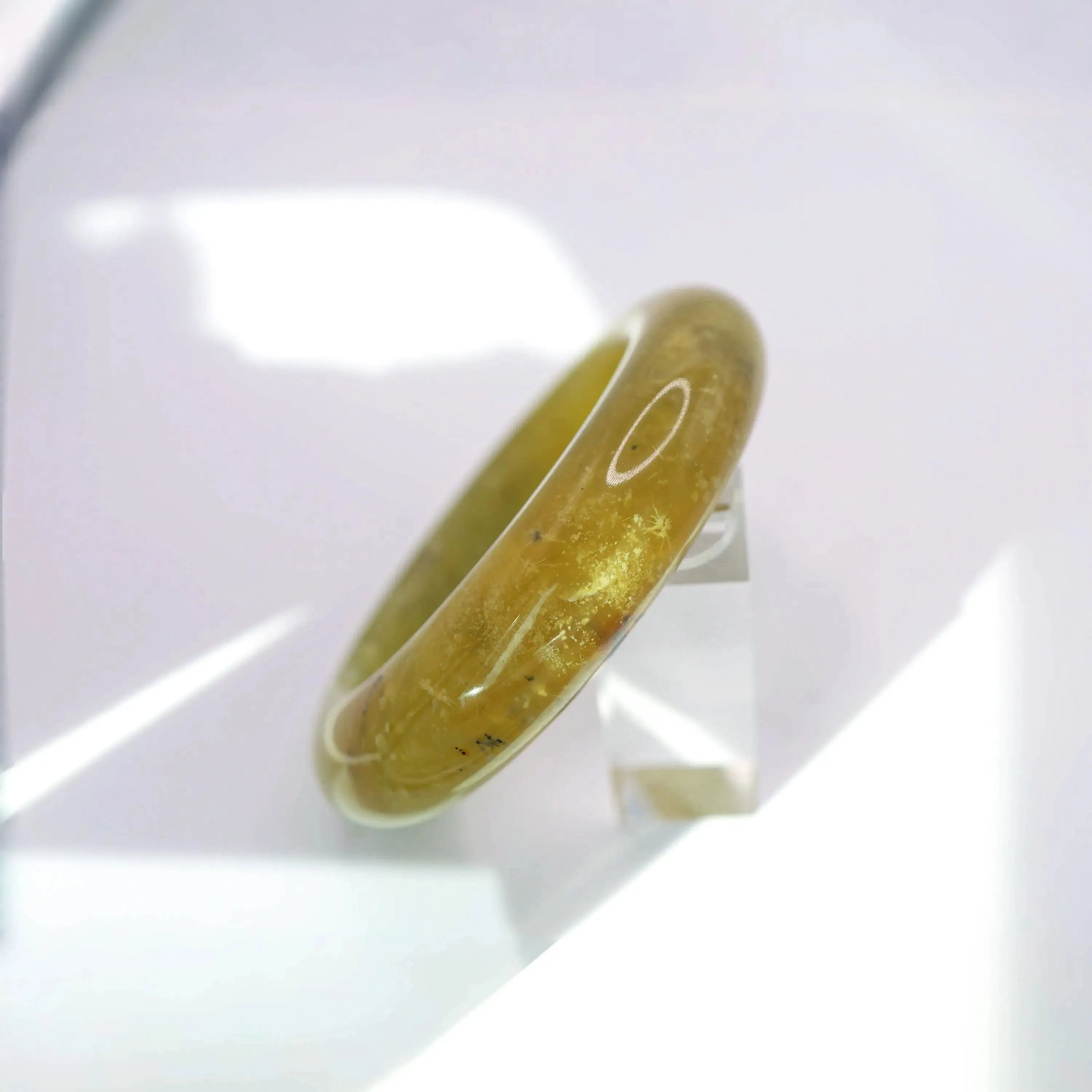 Yellow Jade Stone Bangle – Golden Ice-Translucent Mongolian Jade with Botanical Inclusions