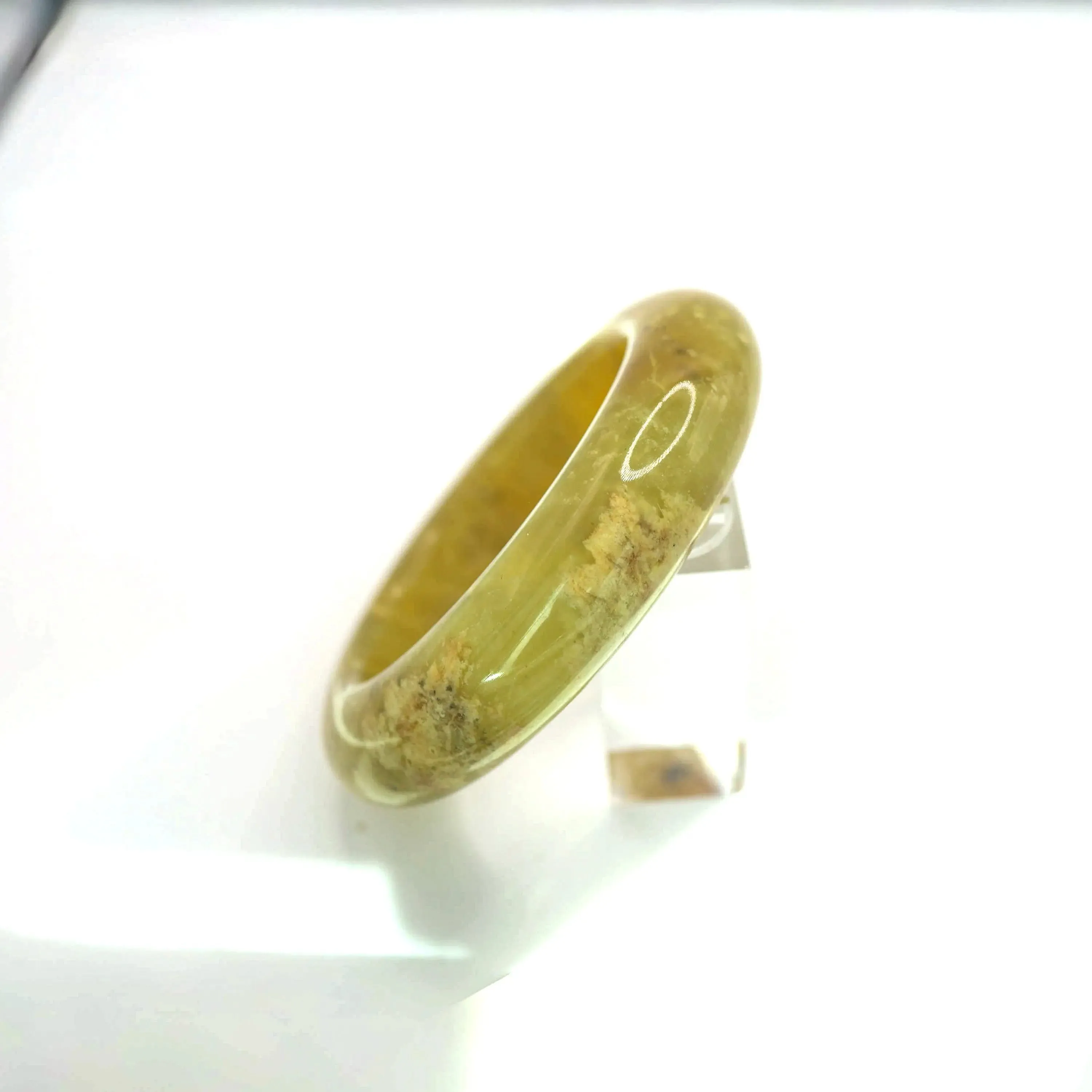 Yellow Jade Stone Bangle – Golden Ice-Translucent Mongolian Jade with Botanical Inclusions