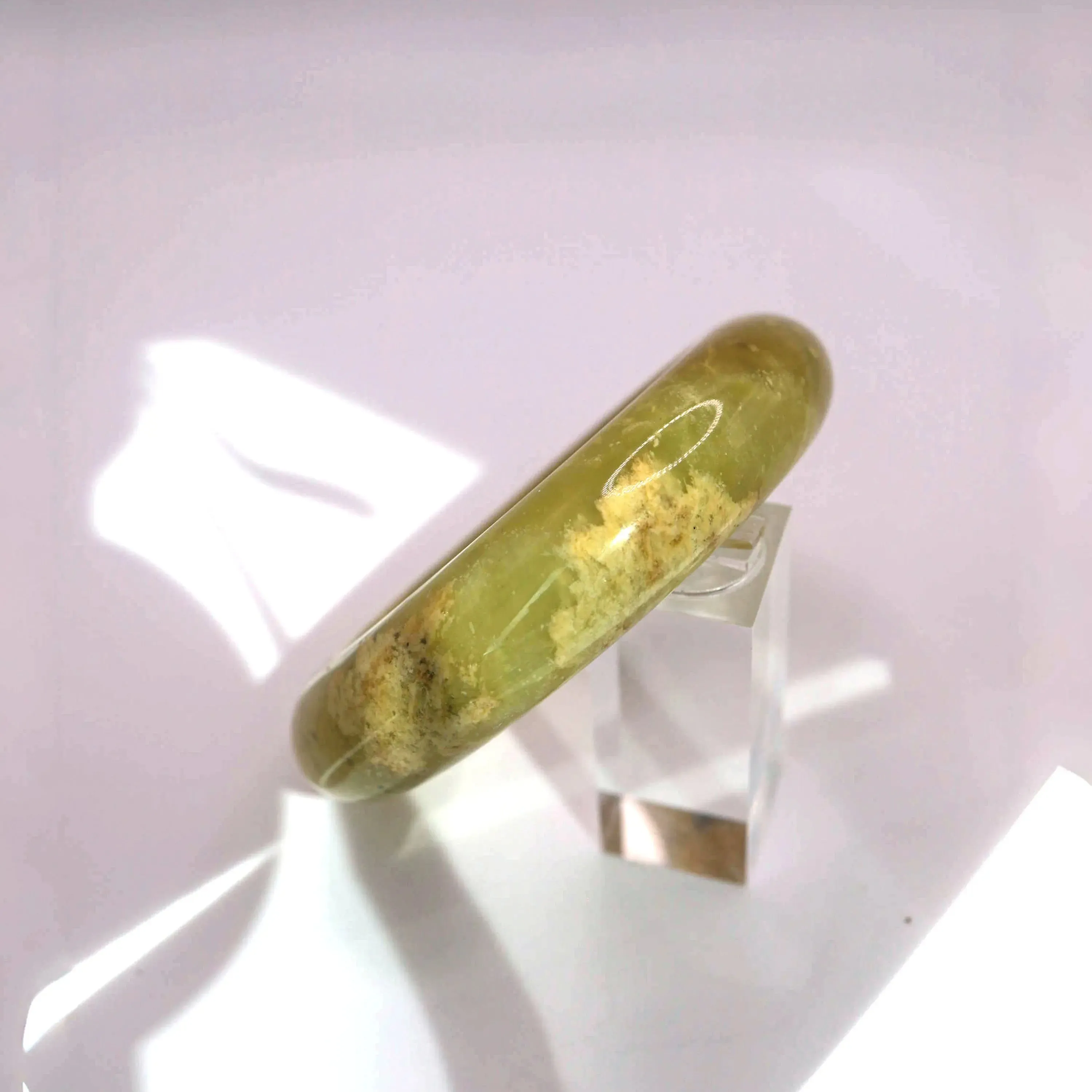 Yellow Jade Stone Bangle – Golden Ice-Translucent Mongolian Jade with Botanical Inclusions