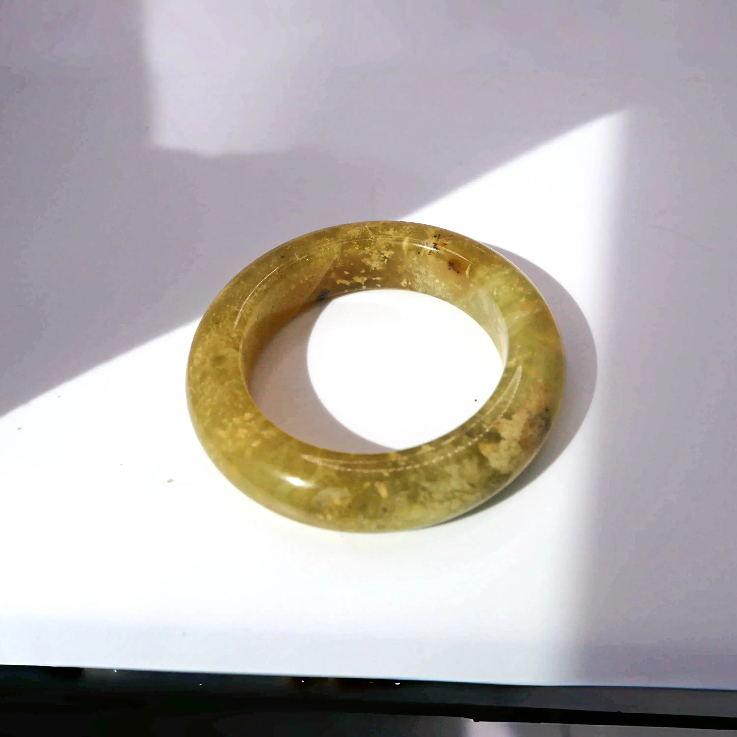 Yellow Jade Stone Bangle – Golden Ice-Translucent Mongolian Jade with Botanical Inclusions
